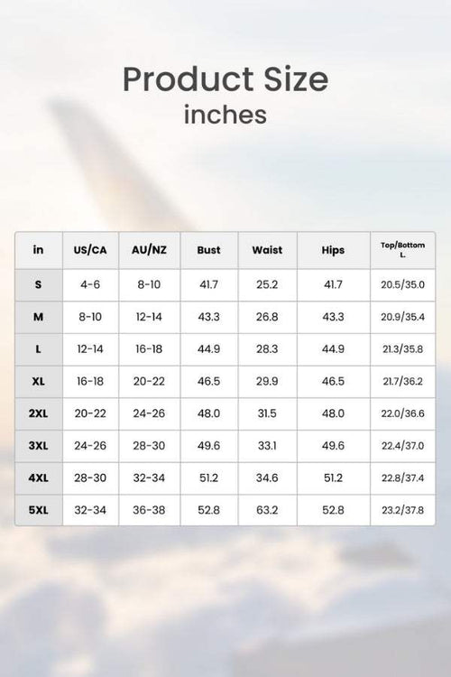 Size chart for Loose Solid Color Two-Piece Set in inches with bust, waist, hips, and top/bottom lengths for sizes S to 5XL.