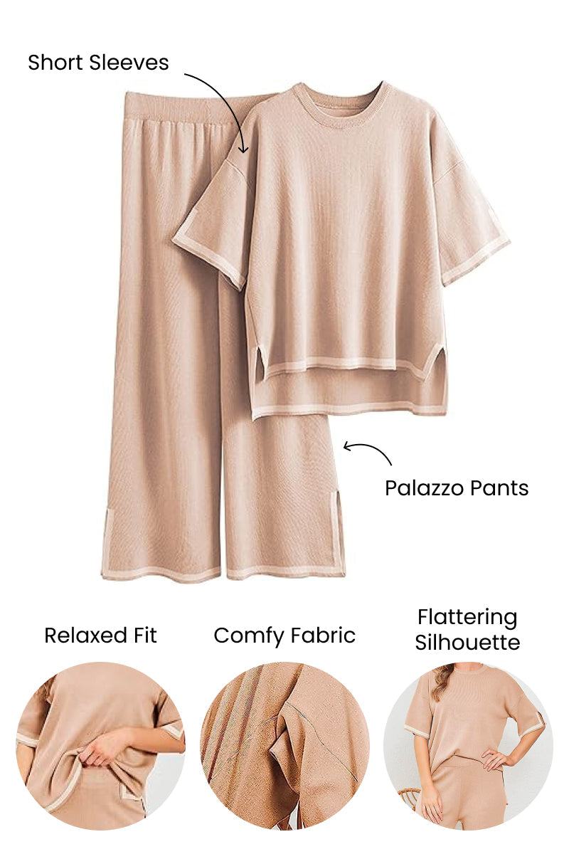 Short sleeved relaxed fit lounge set with comfy fabric and palazzo pants for a flattering silhouette
