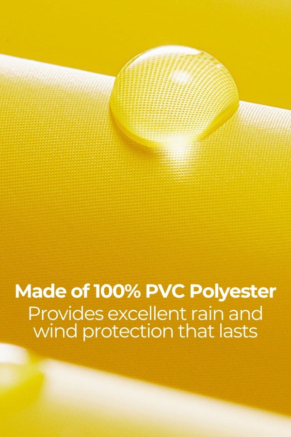 Close-up of yellow 100% PVC polyester fabric with water droplet showing lightweight ultra water-resistant material for rain and wind protection