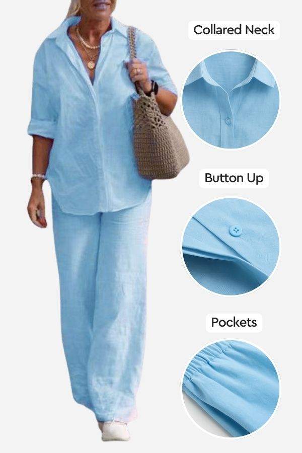 Woman wearing relaxed shirt and trousers two-piece set in light blue with collared neck, button-up front, and pockets.