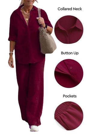 Woman wearing burgundy relaxed shirt and trousers two-piece set with collared neck, button-up shirt, and pockets