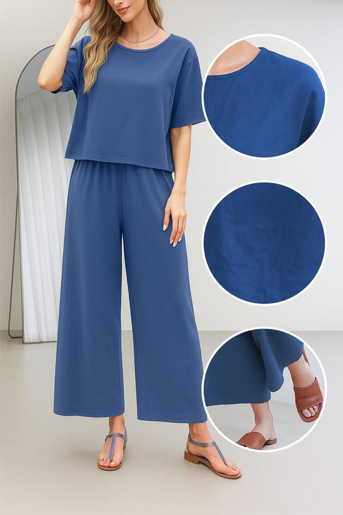 Blue loose fit co-ord set with relaxed short sleeve top and wide-leg pants perfect for casual wear