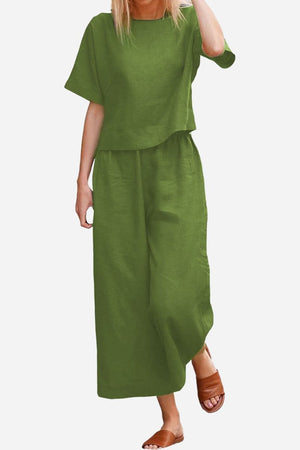 green loose fit co-ord set with wide-leg bottoms and short-sleeve boxy top