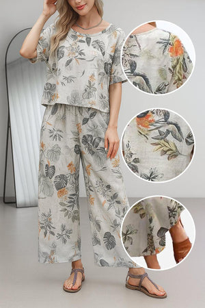 Floral print loose fit co-ord set with wide-leg pants and short-sleeve top in breathable linen-cotton blend