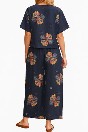 Women's navy floral loose fit co-ord set with wide-leg pants and relaxed short-sleeve top