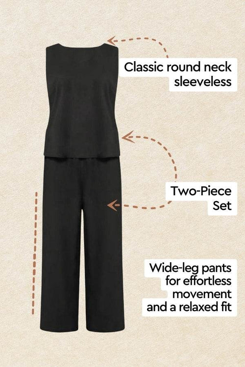 Loose solid color sleeveless two-piece set with classic round neck and wide-leg pants for relaxed fit and effortless movement