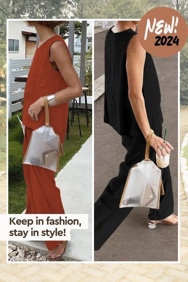 Loose solid color sleeveless two-piece set in orange and black with oversized fit and relaxed style for women.