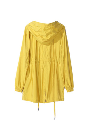 Yellow travel ready outdoor raincoat windbreaker with hood and elastic waist back view