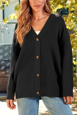 Relaxed fit oversized black knit button down cardigan for women
