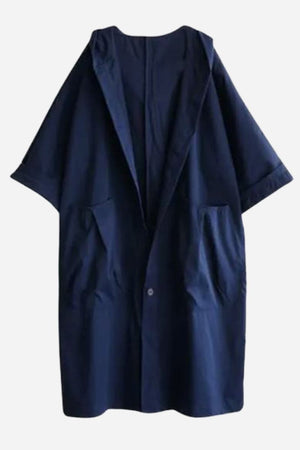 Oversized navy water resistant windbreaker jacket with pockets and lapel shoulder flaps