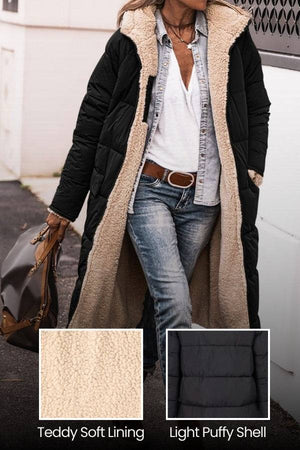 Black Sherpa-lined hooded teddy coat with teddy soft lining and light puffy shell, styled with casual jeans and white shirt.