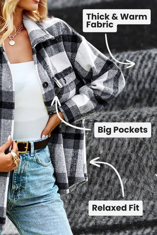 woman wearing comfy flannel classic button-down shirt with black and white check pattern, thick warm fabric, big pockets, and relaxed fit