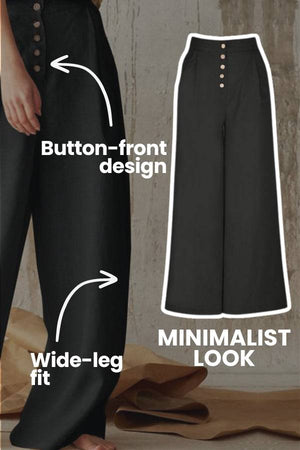 Black button front high waist palazzo pants with wide-leg fit and minimalist design