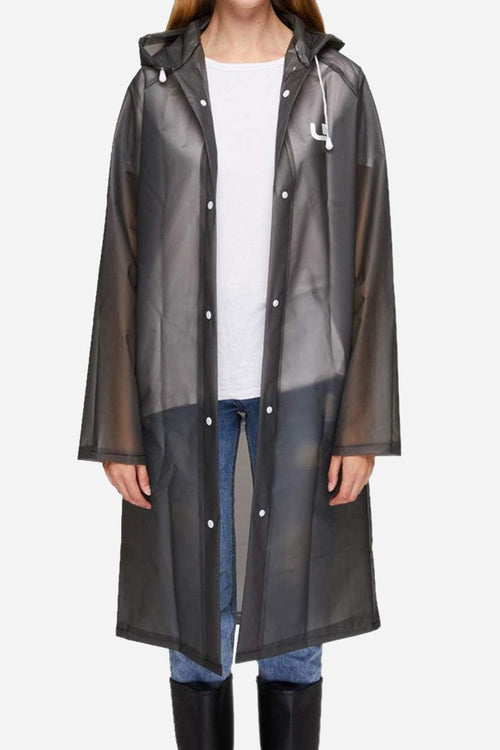 Chic Drizzle Defender transparent black raincoat with hood, button closure, and long sleeves