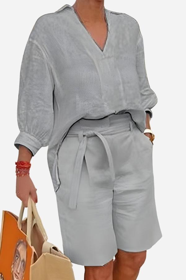 Gray two-piece set with loose long-sleeve shirt and high-waisted knee-length shorts in breathable cotton fabric