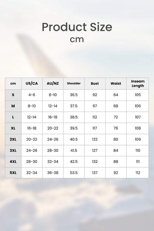 Size chart for Short-sleeved Pullover & Wide Trouser Matching Set with measurements in cm for US/CA and AU/NZ sizes including shoulder, bust, waist, and inseam length.