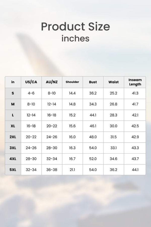 Size chart for Short-sleeved Pullover & Wide Trouser Matching Set with measurements in inches for US/CA and AU/NZ sizes