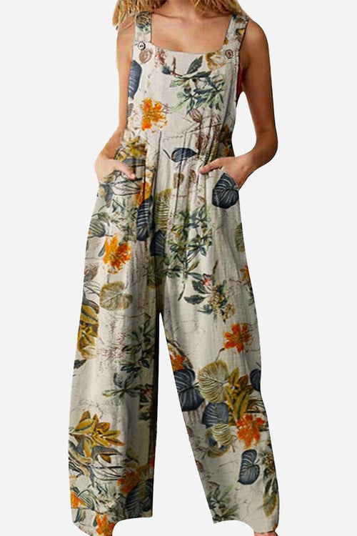 Bohemian Fantasy Overalls with floral print, square neckline, wide legs, and pockets, made of soft cotton blend
