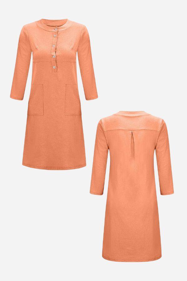 Lightweight orange cotton dress with 3/4 sleeves, button front, and pockets, front and back views.