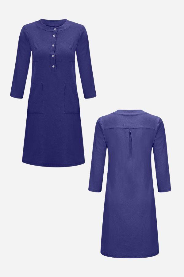 Blue cotton dress with 3/4 sleeves, half-button front, and practical pockets, shown front and back view