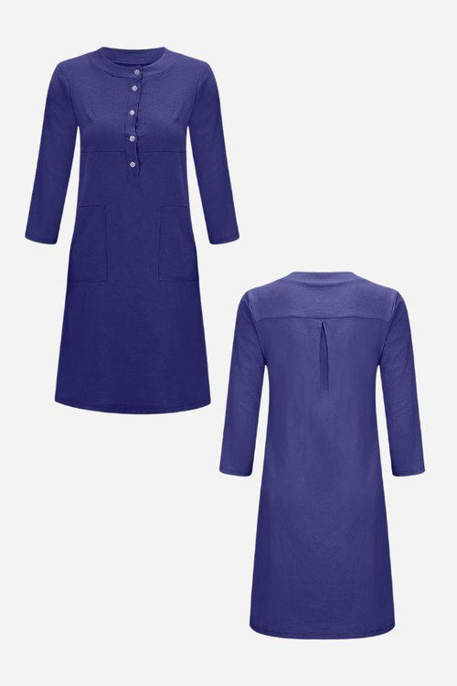 blue cotton dress with half-button front and 3/4 sleeves, knee-length, comfortable summer wear