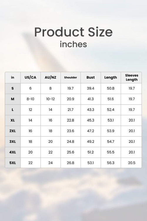 Bohemian maxi dress size chart with shoulder, bust, length, and sleeve measurements in inches for US, CA, AU, and NZ sizes.