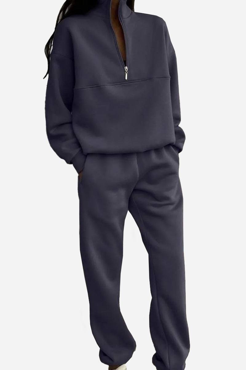 Women's navy cotton-blended two-piece tracksuit with high collar and zipper