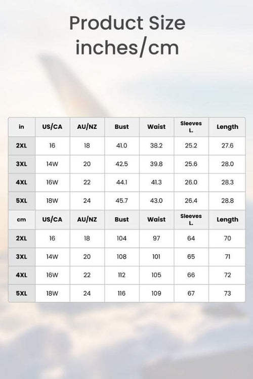 Size chart for Zip Front Long Sleeve one-piece swimsuit with measurements in inches and centimeters for bust, waist, sleeves, and length in sizes 2XL to 5XL.