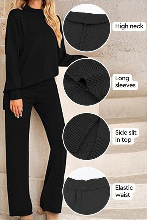 Black high neck sweater and wide leg pants set with long sleeves, side slit top, and elastic waist.