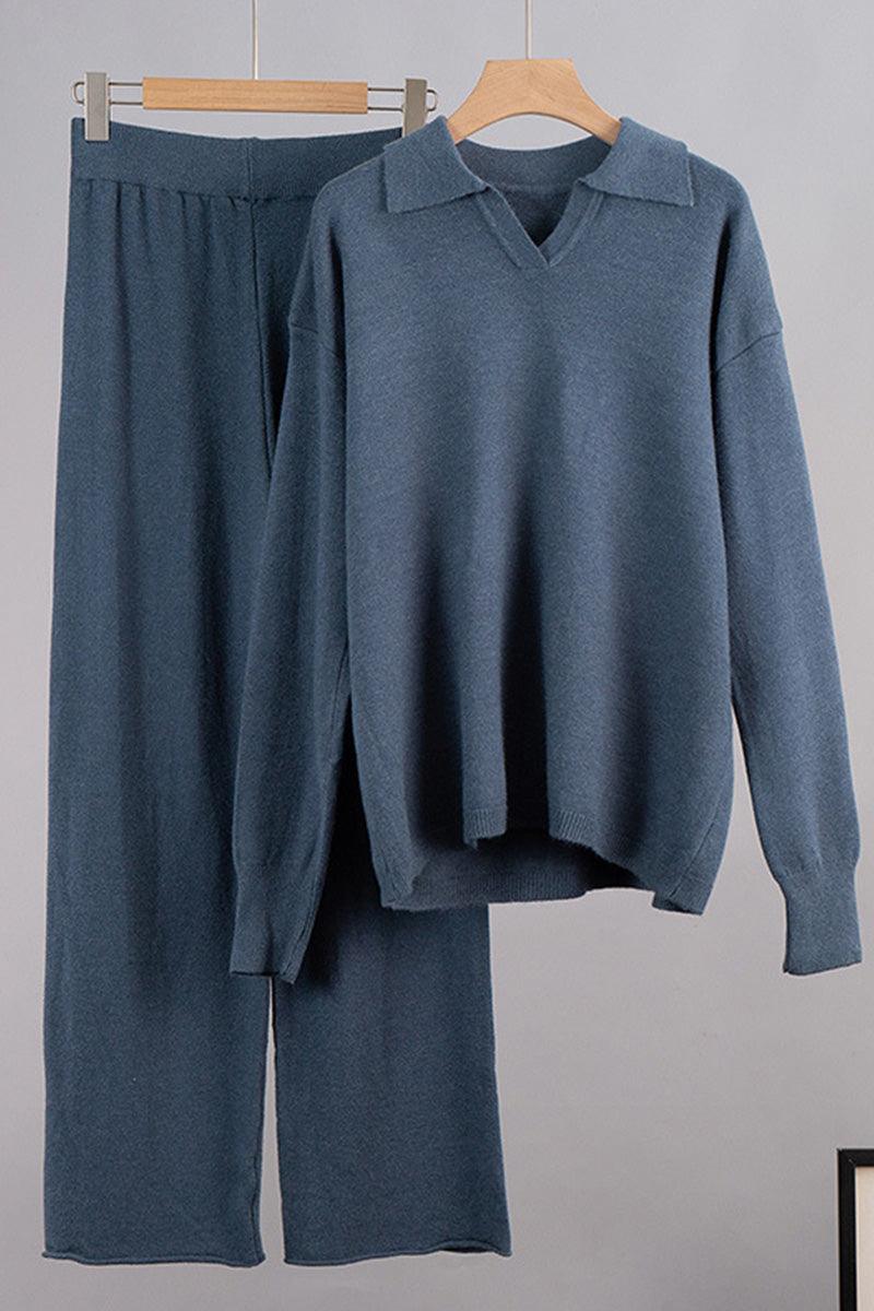 Plush & Preppy Camel Two-Piece Set in soft blue knit with polo collar and wide-leg pants.