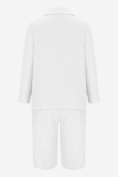 White blazer and high-waisted shorts two-piece set back view, cotton-terylene blend fabric, slim fit tailored design.