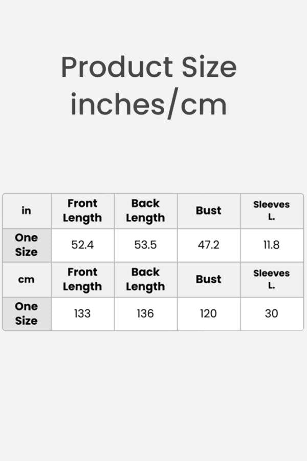 Full-length button-down beach cover-up size chart with measurements in inches and centimeters including front length, back length, bust, and sleeves length.