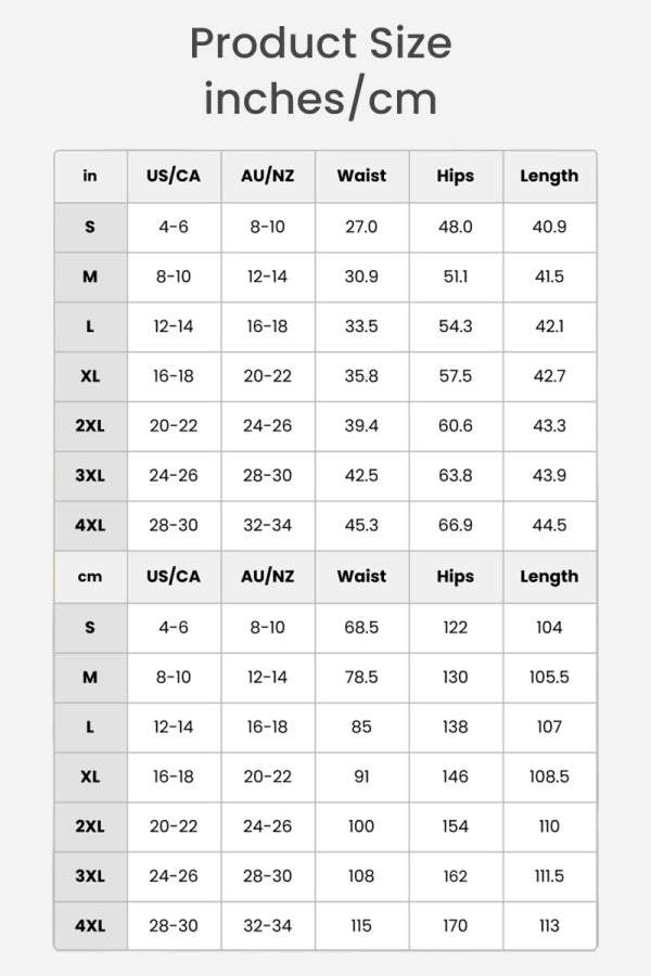 size chart for stretchy wide-leg pants showing waist, hips, and length measurements in inches and cm for sizes S to 4XL