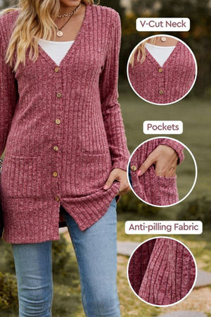 Lightweight ultra soft long knit cardigan with V-cut neck, pockets, and anti-pilling fabric in rose color.