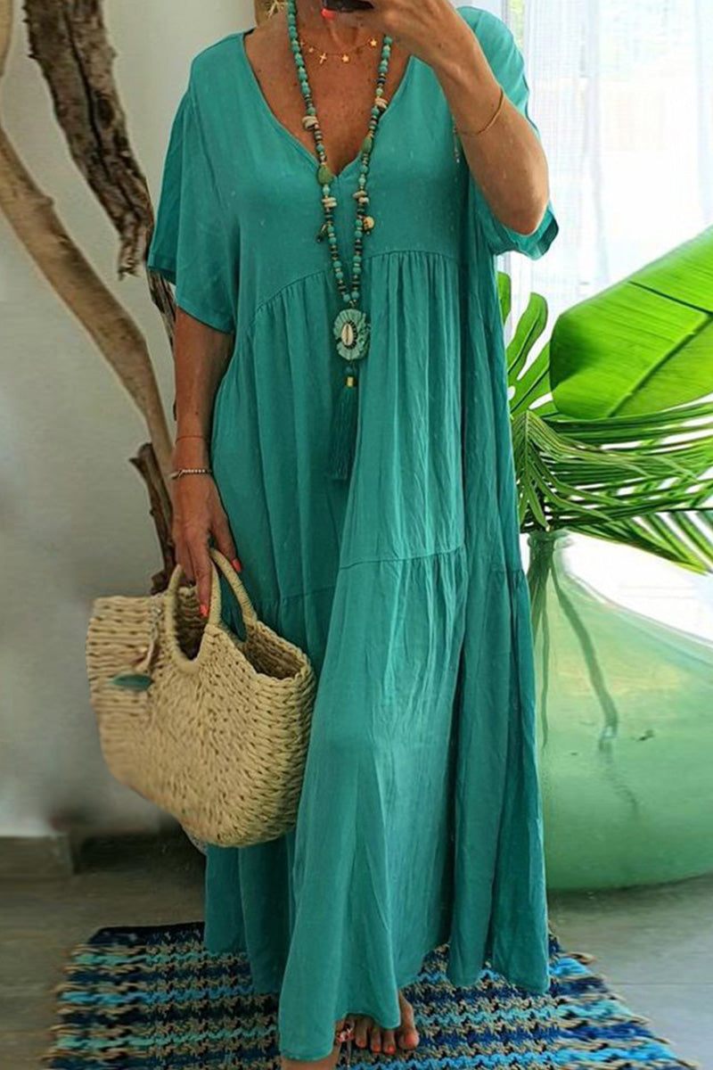Teal V-neck two-tiered maxi swing dress in lightweight cotton with flowy tiers and loose sleeves.