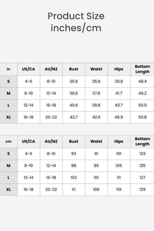 Size chart for V-neck Lace-up jumpsuit with bust, waist, hips, and bottom length measurements in inches and centimeters.