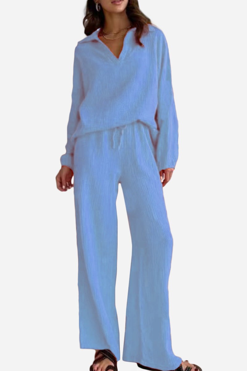 Women’s light blue cotton collared two-piece set with bishop sleeves and drawstring waist pants