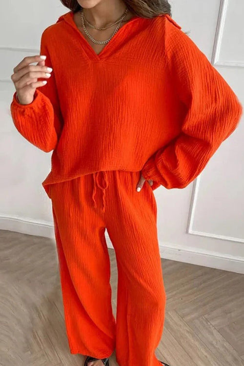Orange 100% cotton collared two-piece set with bishop sleeves and loose fit trousers