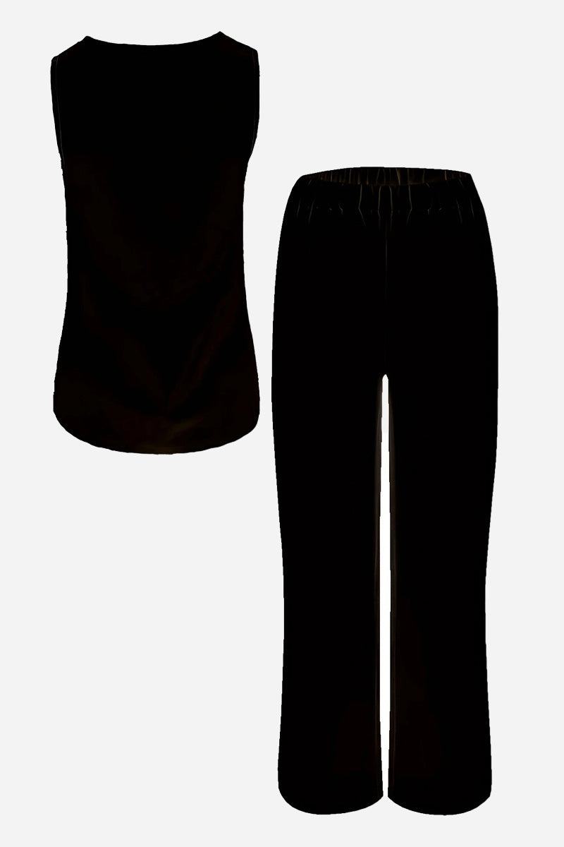 Black two-piece co-ord with sleeveless top and elastic waist trousers for apple-shaped body balancing