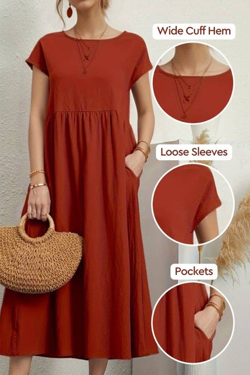 Rust red capped-sleeve voluminous pleated midi dress with loose sleeves, wide cuff hem, and pockets, styled with a round neck and breathable fabric.