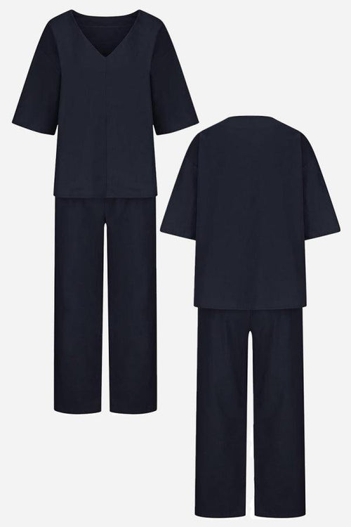 Navy V-neck cotton two-piece trouser set with mid-length sleeves and straight-leg pants