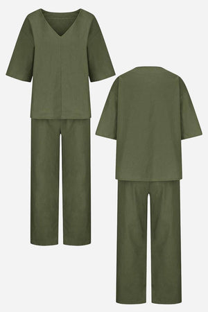 Olive green V-neck cotton two-piece trouser set with mid-length sleeves and straight-leg pants.