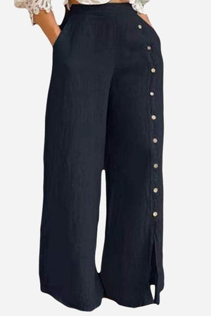 Black wide leg pants with side buttons and split seam detail, breathable cotton blend, high waist for a slim fit