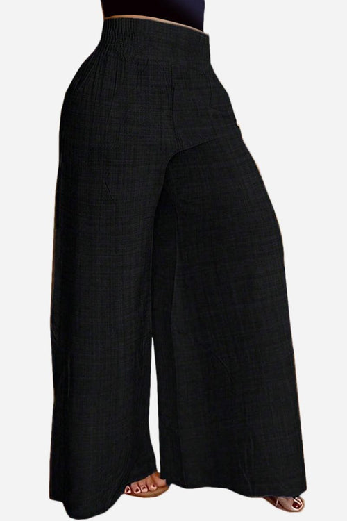 Black high waist wide leg pants with relaxed fit and lightweight fabric for comfortable wear.