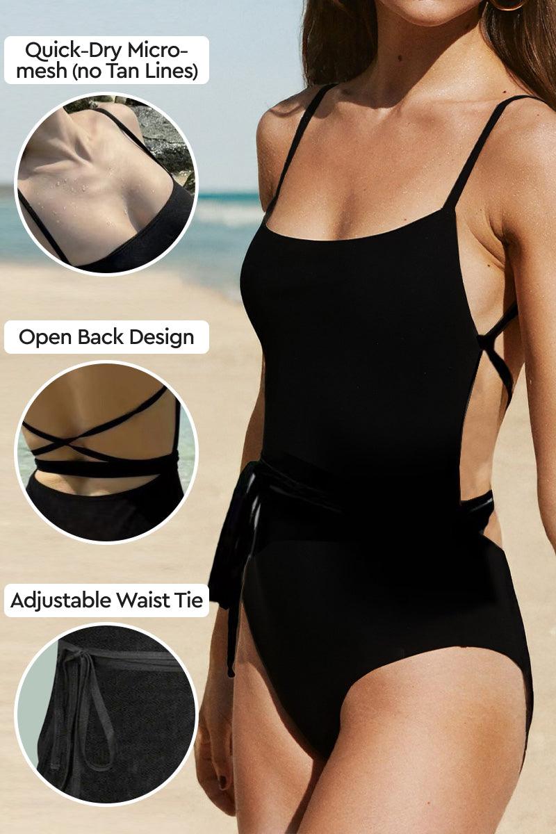 Black tan-through open back one-piece swimsuit with adjustable waist tie and quick-dry micro-mesh fabric