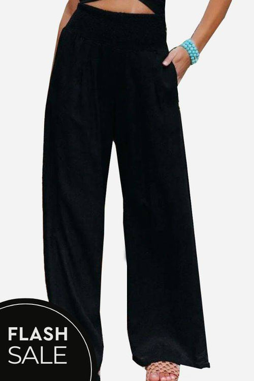 Black high-waist polyester palazzo pants with wide legs and pockets for women