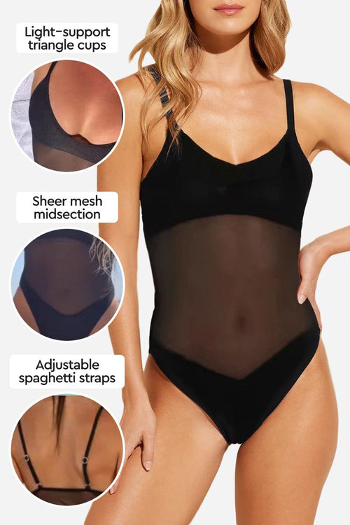 Black mesh tan-through one piece swimsuit with sheer midsection, light-support triangle cups, and adjustable spaghetti straps.