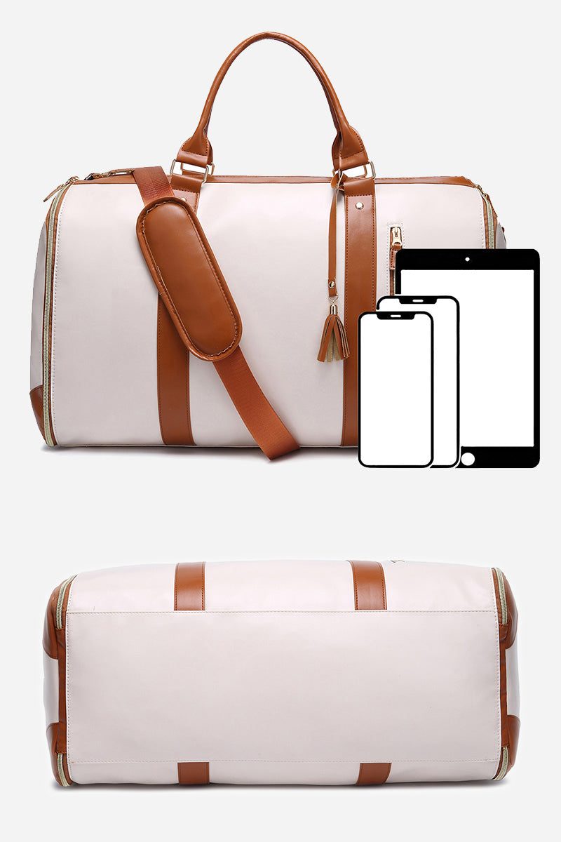 No-Wrinkle Foldable Travel Bag in beige with brown leather accents, shoulder strap, and multiple compartments for organized travel.