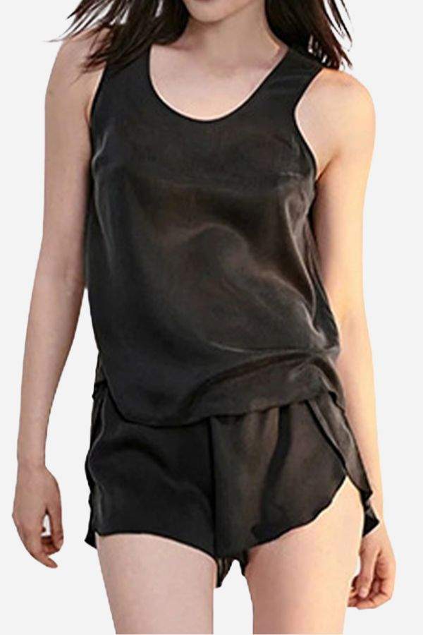 Black Mulberry Silk Tank and Shorts Set for women, lightweight and breathable sleepwear