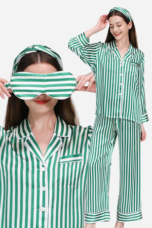 Green and white striped 100% mulberry silk long sleeve pajama set with matching eye mask and headband